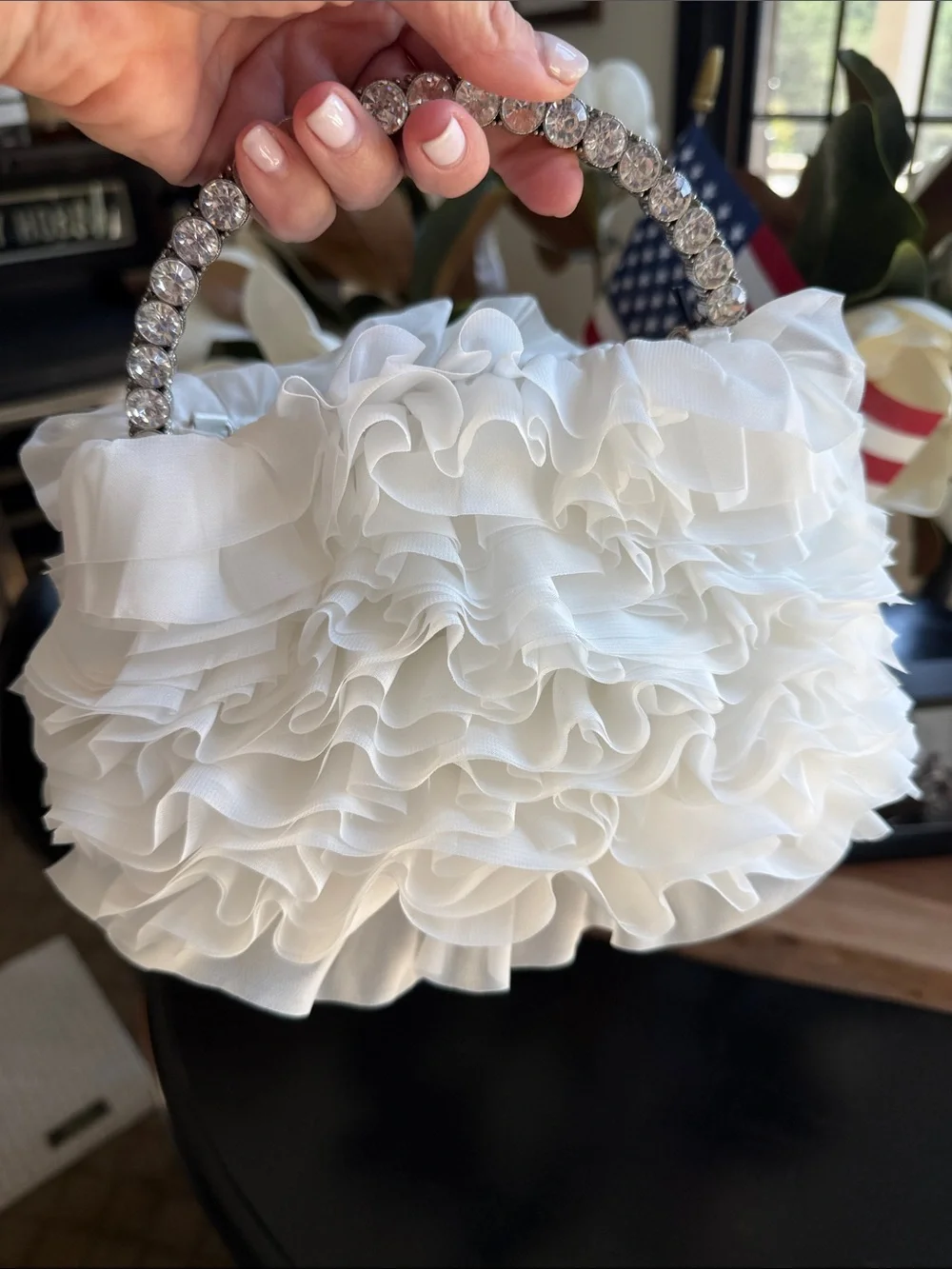 Sincerly Jules White Ruffle Clutch with Crystal Handle